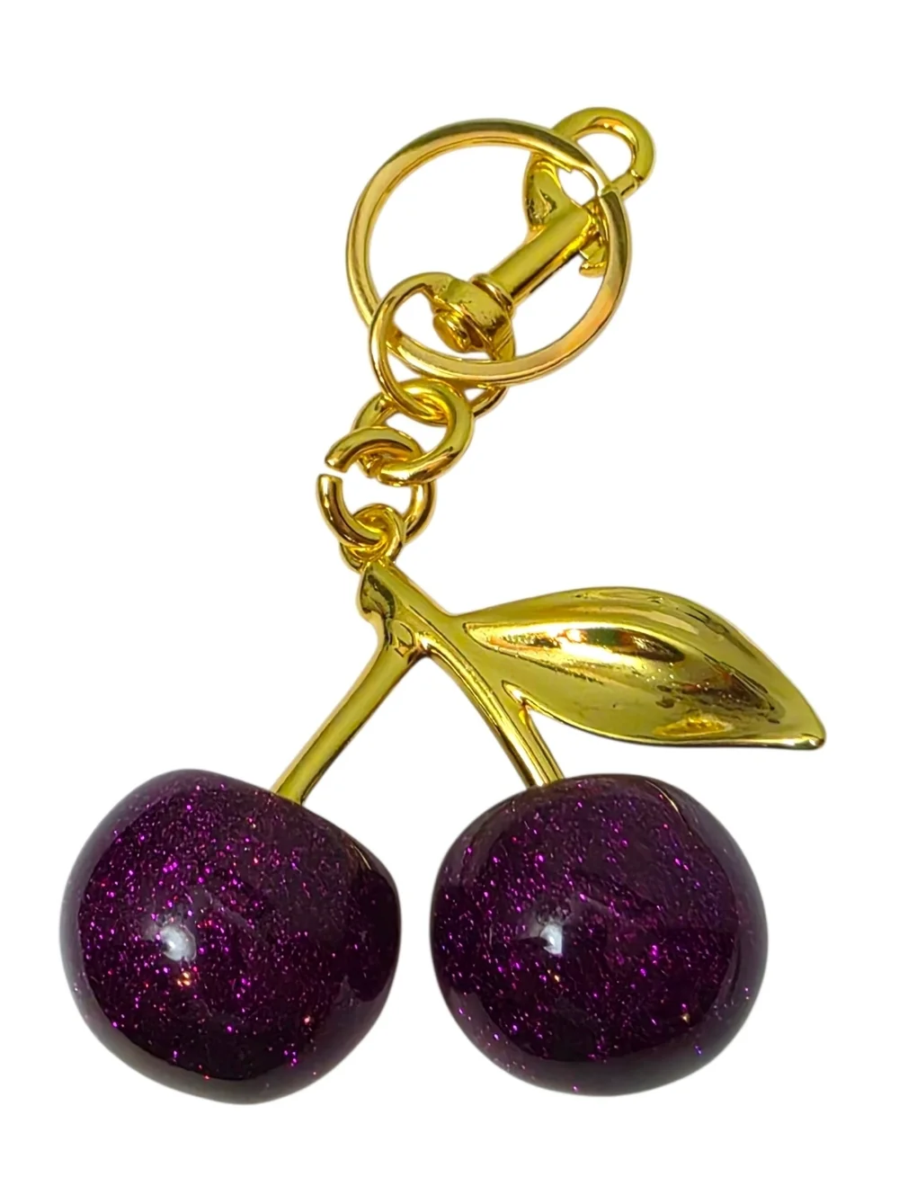 Large Purple Glitter Cherry Charm with shiny Gold Hardware